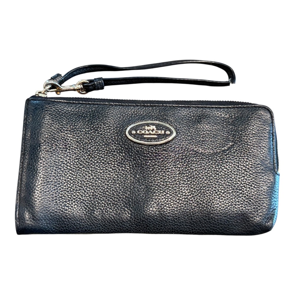 Coach Black‎ Pebbled Leather Wristlet Wallet Zip Around Clutch Card Holder
